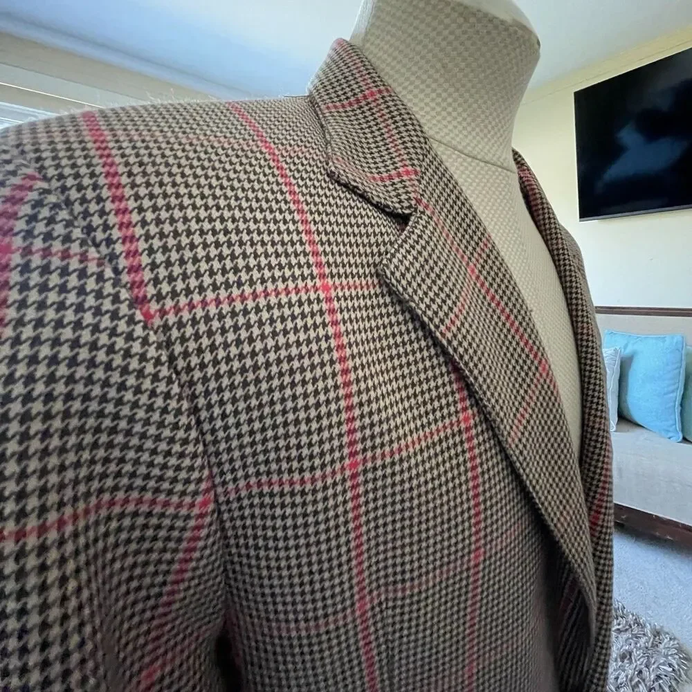 Men's Houndstooth Wool Blend Blazer Gold Buttons Jacket Size Large Preppy Career